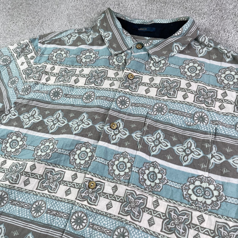 Roark Shirt Mens Medium Blue Grey Geometric Darna Organic Cotton Linen Button Up